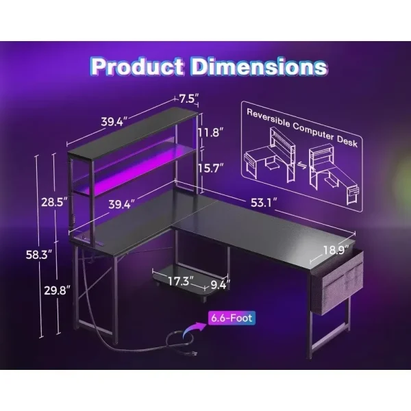 L Shaped Desk Gaming Desk with LED Light & Power Outlet, 53 Inch Reversible L Shaped Computer Table with Shelf & Storage Bag