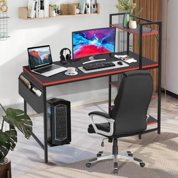 47.2 Inch Gaming Desk Computer Desk, Writing Desk with Adjustable Shelves & Side Storage Bag, Compact Home Office Desks