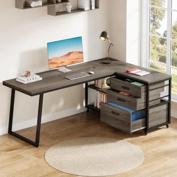 53" L Shaped Office Desk, Reversible Computer Desk with 3 File Drawers and 2 Storage Shelves for Home Office, Study, Gaming Room