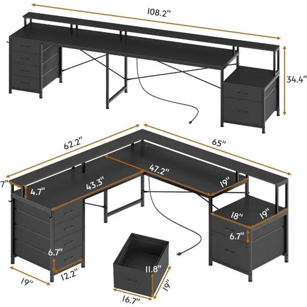 L Shaped Desk with 6 Drawer, 108" Home Office Desk with File Drawer & Power Outlet, Corner Computer Desk with Monitor Shelf