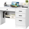 White Desk with 4 Drawers, Computer Desk , Wood Writing Home Office Workstation, Student Desks for Bedooms with Drawers,White