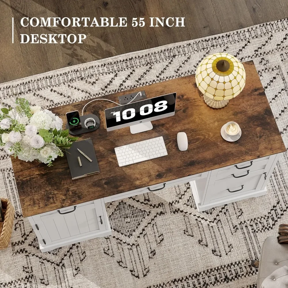 55'' Farmhouse Executive Desk, Home Office Desk with Drawers, Wood Computert Desk with File Cabinet and Power Outlets - Image 6