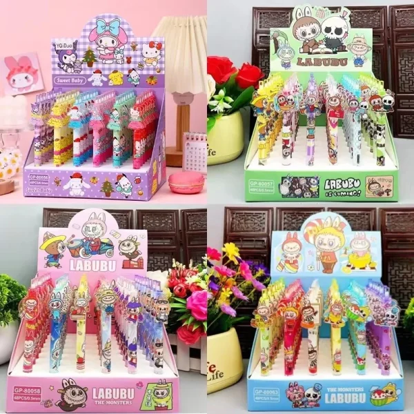Sanrio 48pcs Gel Pen Black 0.5mm Labbu Kuromi Hello Kitty My Melody Kawaii Patch Press Pen Student Gel Pen Girl Birthday Gift