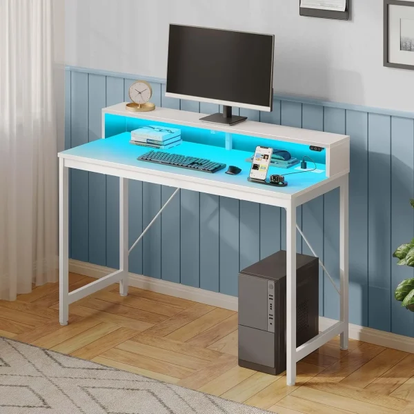Computer Desk 47 inch with LED Lights & Power Outlets, Home Office Desk with Monitor Shelf, Gaming Desk, Writing Desk, White