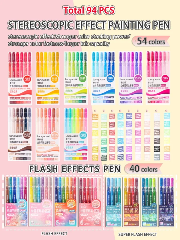 kf-S18265b5c98b2460f9bb43e711cc81d18Y Languo 40/54/94 Colors Painting Pen Stereoscopic Effect Painting Pen Flash Special Effects Neutral Gel Pen Can Stack Colors