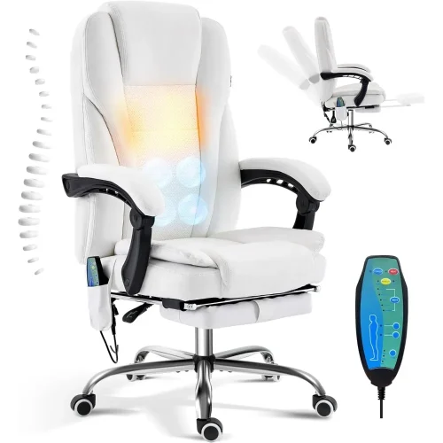 Reclining Massage Office Chair with Footrest, High Back Ergonomic Executive Chair with Heating and Vibration Function(White)