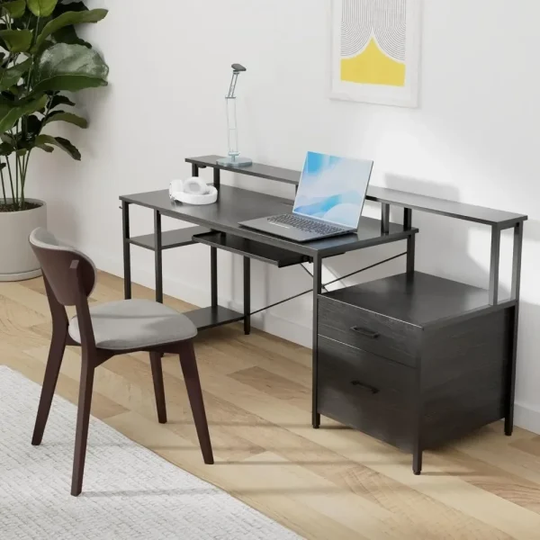 Computer Desk with File Drawer, Gaming Desk with LED Light & Power Outlets,Home Office Desk with File Cabinet & Storage Shelves