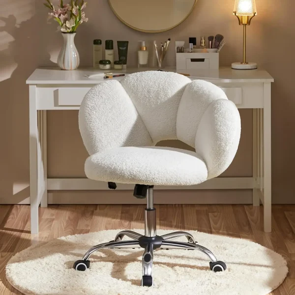Boucle Upholstered Desk Chair Cloud-Shaped Vanity Adjustable Home Office Chair Computer with Rolling Wheels