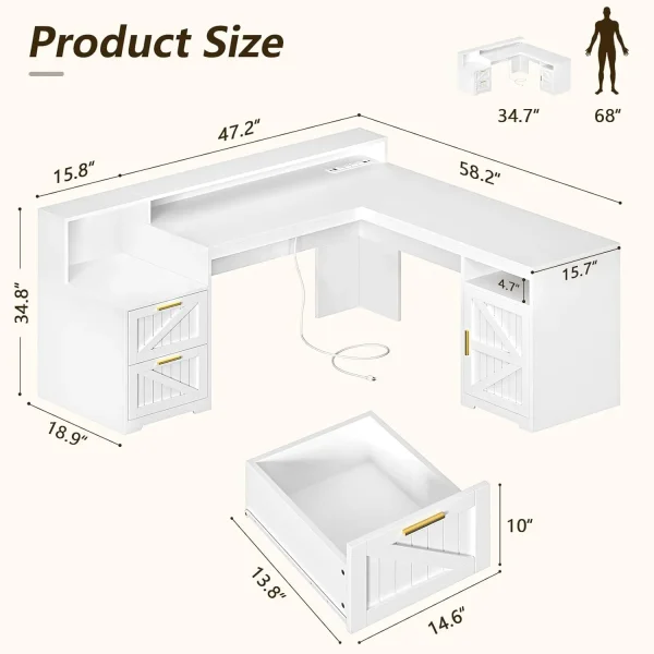 Farmhouse L Shaped Executive Desk Corner Computer Desk with Power Outlets L Shaped Office Desk with Monitor Stand, Printer Shelf