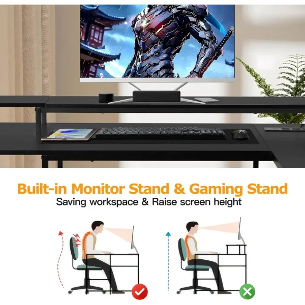 L Shaped Gaming Desk with LED Lights & Power Outlets, Reversible Computer with Stand & Shelves,Corner Desk Home Office
