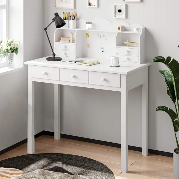 Writing Desk, Home Office Desk with Drawers and Hutch, Computer Work Station with Storage Shelf, 7 Drawers, White