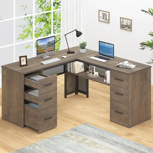 Large L Shaped Home Office Desk with Drawers, Rustic L-shaped Computer Desk with Storage File Cabinet Shelves,