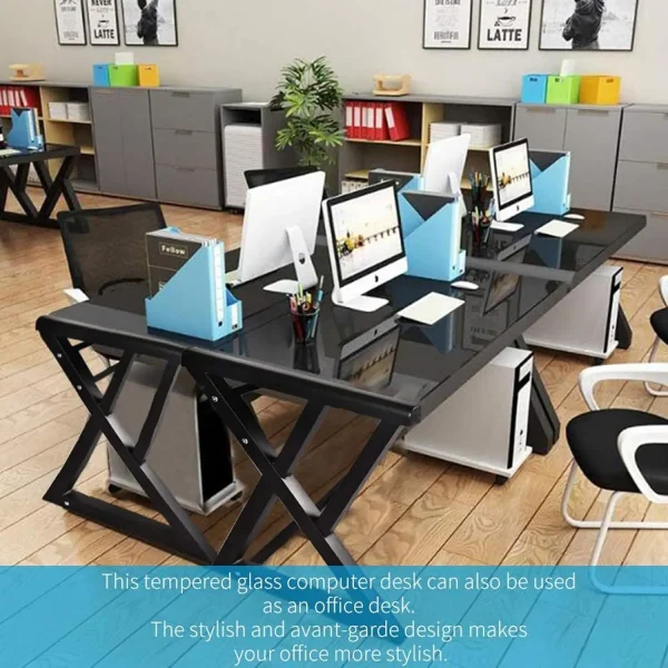Tempered Glass Computer Desk, Ultramodern Home Office Desk Study Writing Desk With X-Shaped Leg, Tempered Glass Desktop And