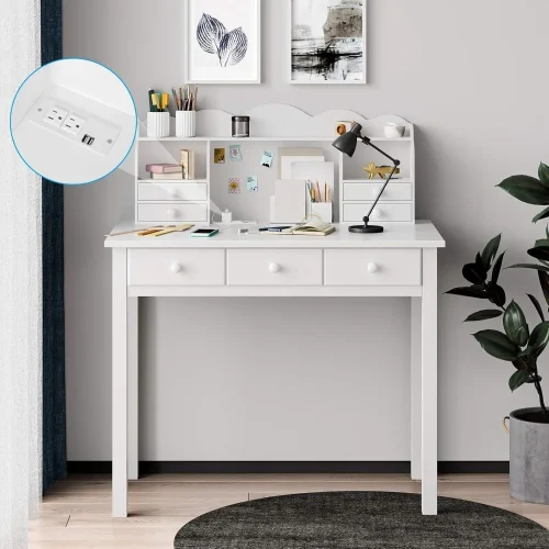 Writing Desk, Home Office Desk with Drawers and Hutch, Computer Work Station with Storage Shelf, 7 Drawers, White