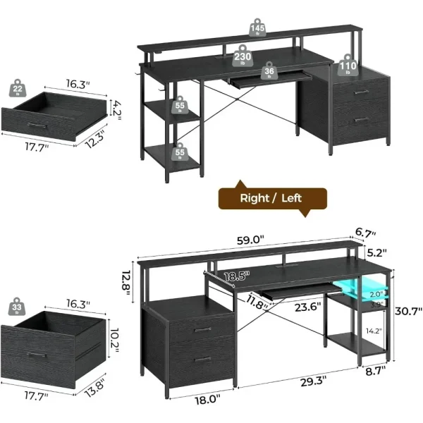 Computer Desk with File Drawer, Gaming Desk with LED Light & Power Outlets,Home Office Desk with File Cabinet & Storage Shelves