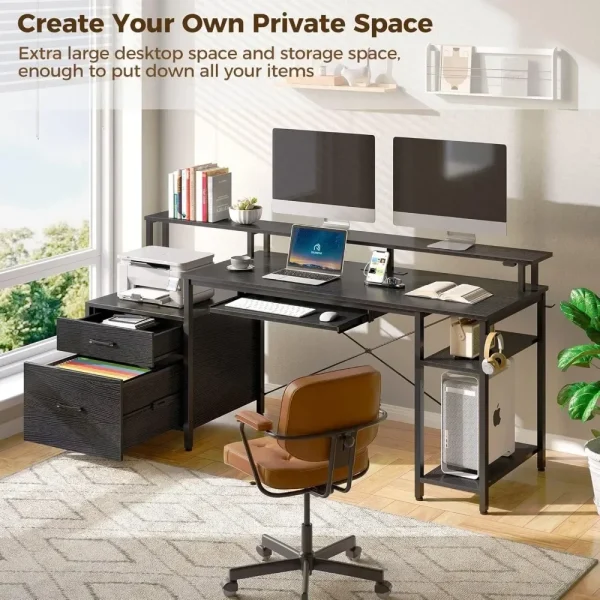 Computer Desk with File Drawer, Gaming Desk with LED Light & Power Outlets,Home Office Desk with File Cabinet & Storage Shelves