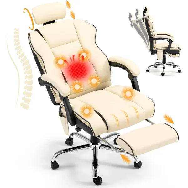 6-Point Massage Office Chair, with Footrest Heated Executive with Reclining Backrest, Ergonomic Gaming Chair with Padded Armrest