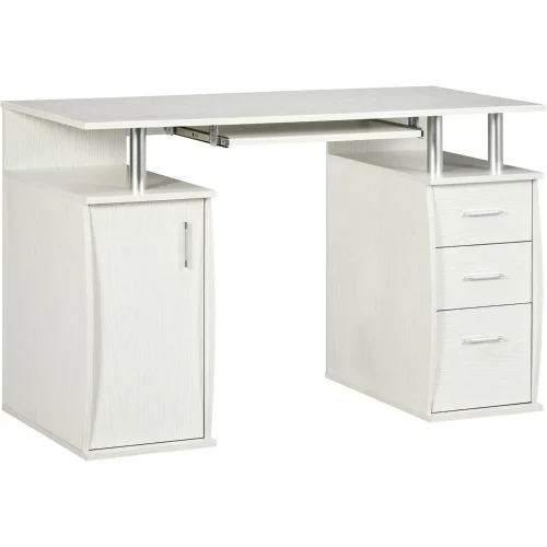 47" Computer Desk with Keyboard Tray and Storage Drawers, Home Office Workstation Table with Storage Shelves, White Wood