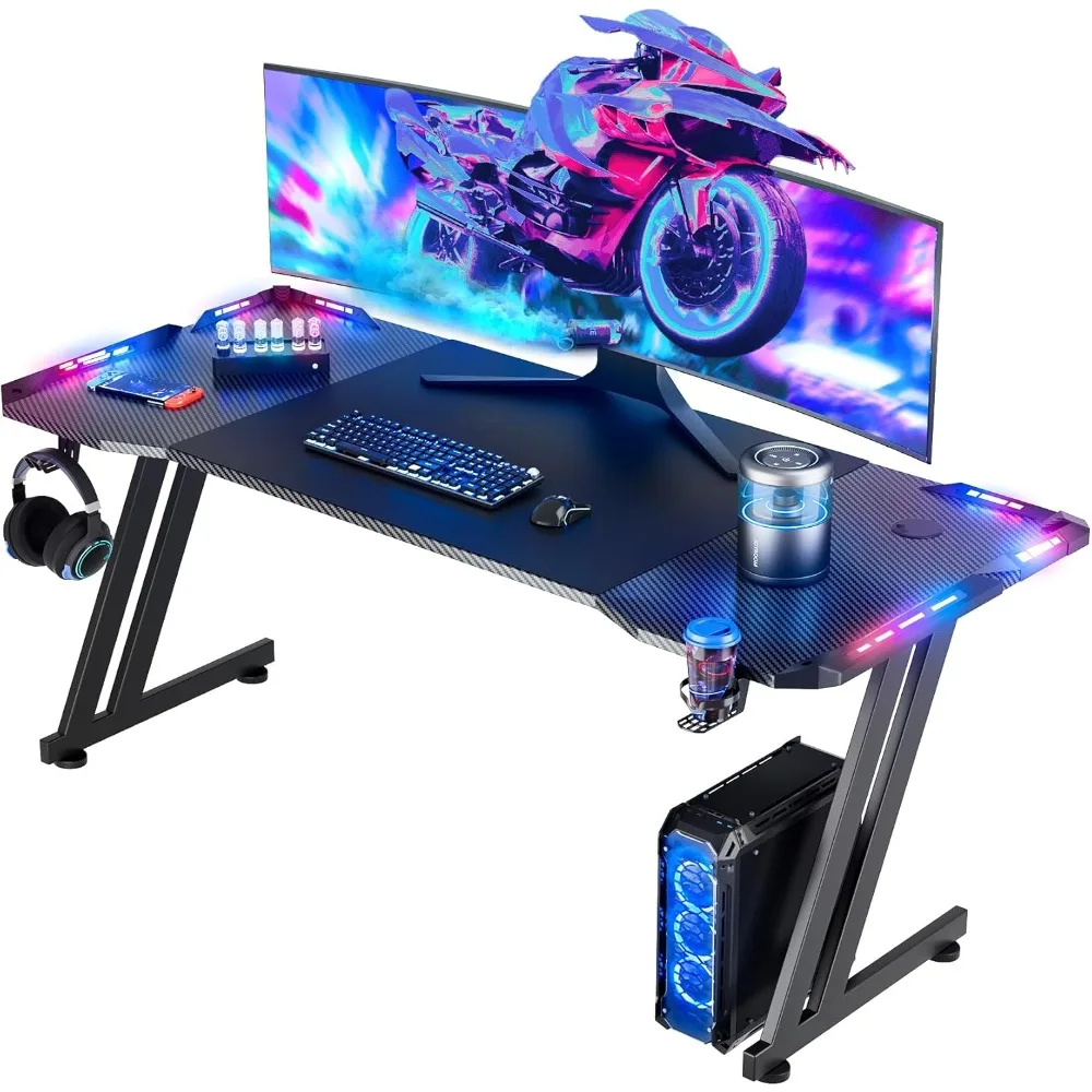 🎮Massive 63 - Inch Gaming Desk: Z - Shaped, Ergonomic Design with LED Lights and Carbon Fibre Surface! Ideal for Home Office an