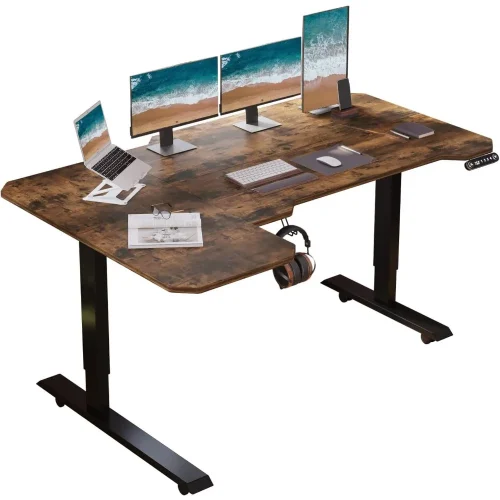 L-Shaped 59" Height Adjustable Electric Standing Desk, Sit and Stand Up Home Office Computer Desk with Splice Board (Rustic Brow
