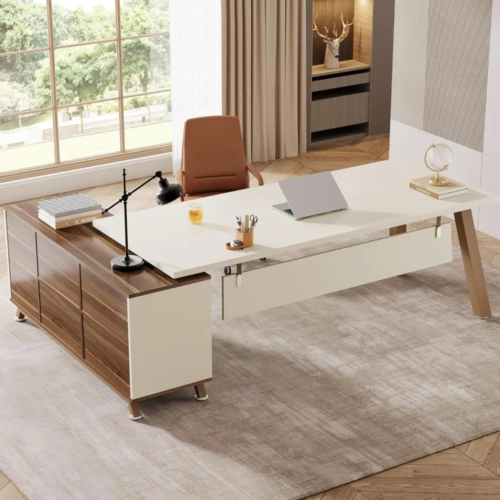 78.7-Inch Executive Desk, L-Shaped Desk with 55-Inch Cabinet, Large Office Desk with Storage Shelves, Modern Computer Desk for