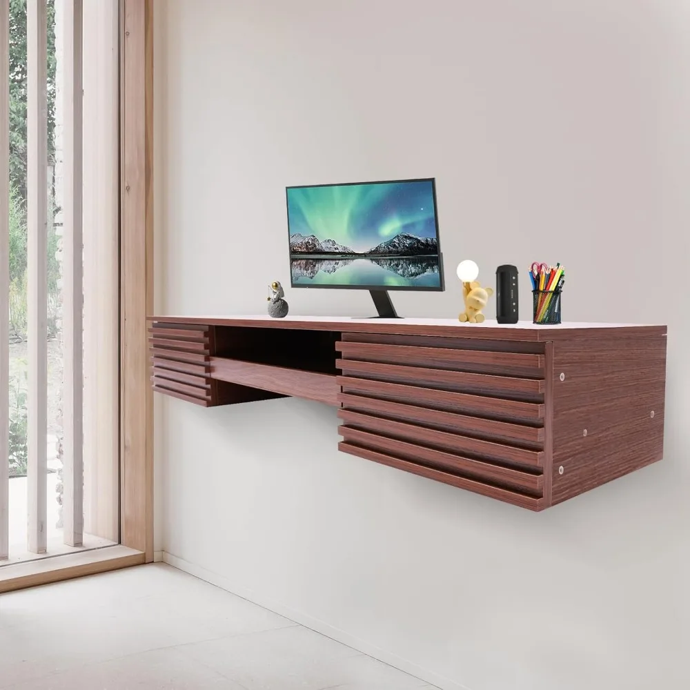 Wall Mount Office Computer Desk Mid Century Modern Wall Mounted Desk with Pull Out Drawer for Study Bedroom (Brown) - Image 3