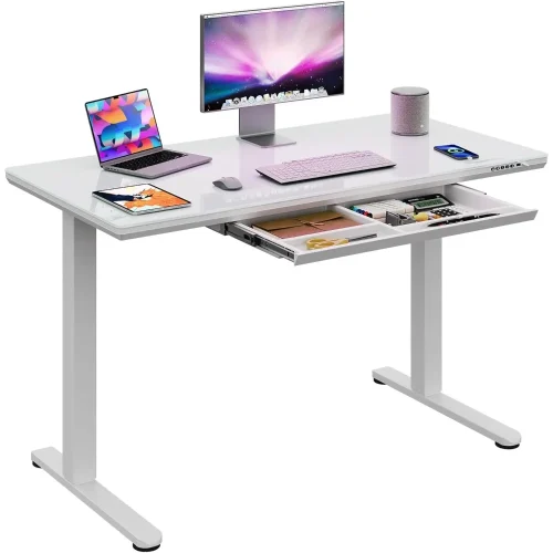 Glass Standing Desk, White Adjustable Height Home Office Computer Desk, 55 Inch Electric Stand Up Desk, Quick Install