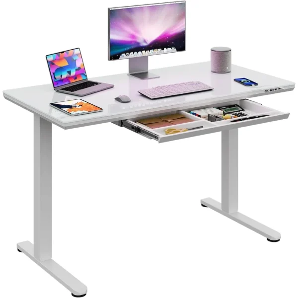 Glass Standing Desk, White Adjustable Height Home Office Computer Desk, 55 Inch Electric Stand Up Desk, Quick Install