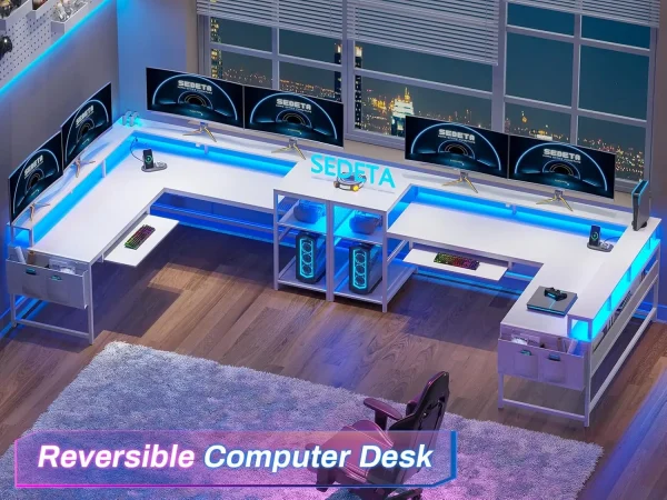 L Shaped Gaming Desk, Reversible Home Office Desk or Corner Desk, Gaming Desk with Power Outlets &LED Strip, Monitor Shelf,White