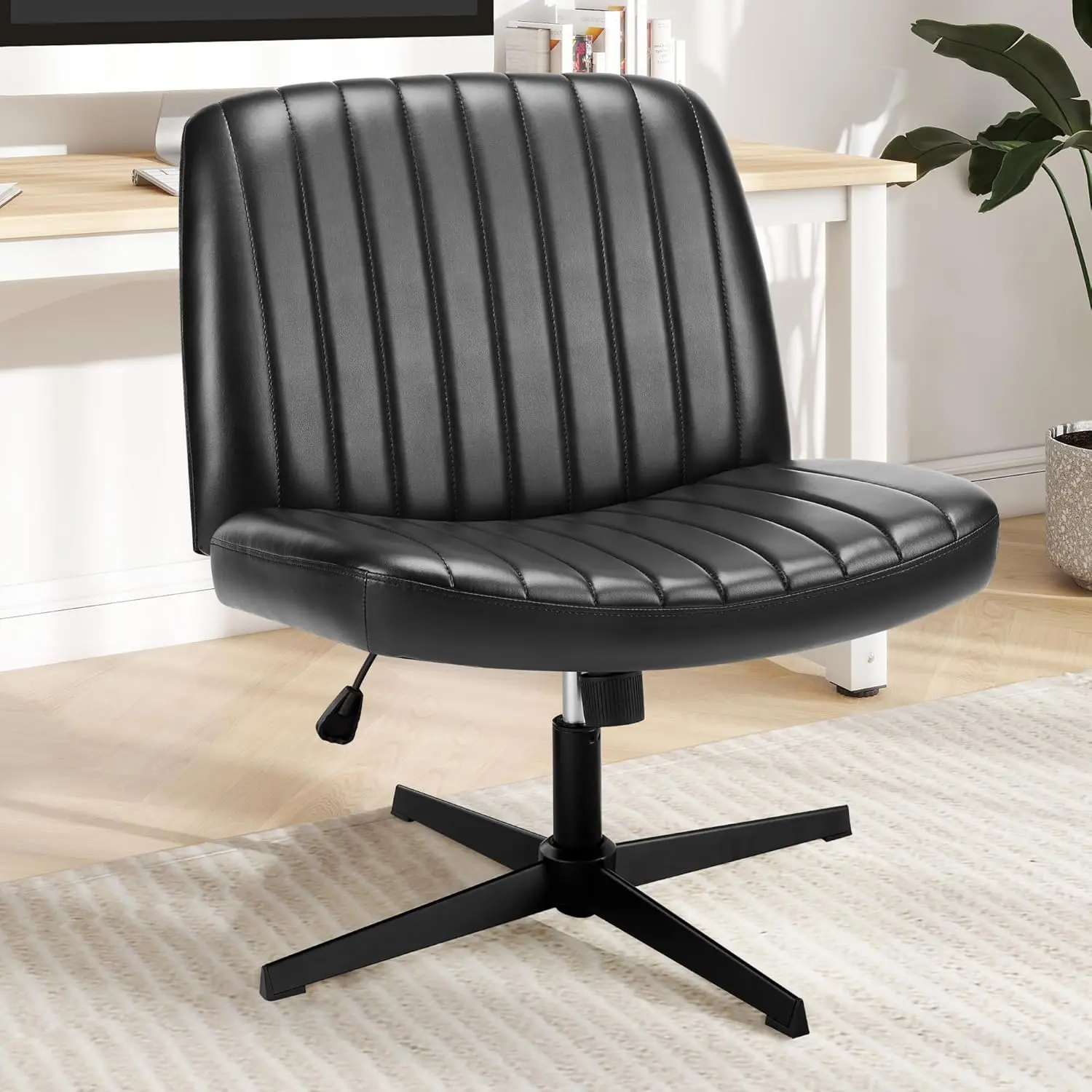 Dumos Criss Cross Chair Legged Office Wide Comfy Desk Seat, No Wheels Armless Computer Task Seating, Swivel Vanity Home Height - Image 2