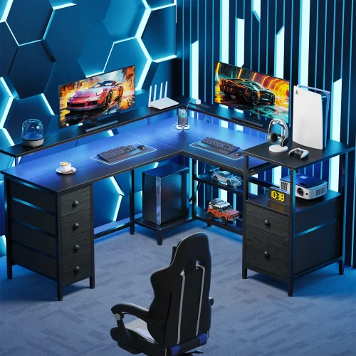 Satifur 67 inch Office Desk With Power Sockets and LED Lights, 2 Monitor Stands and 6 Adjustable Storage Drawers, Gaming Desk