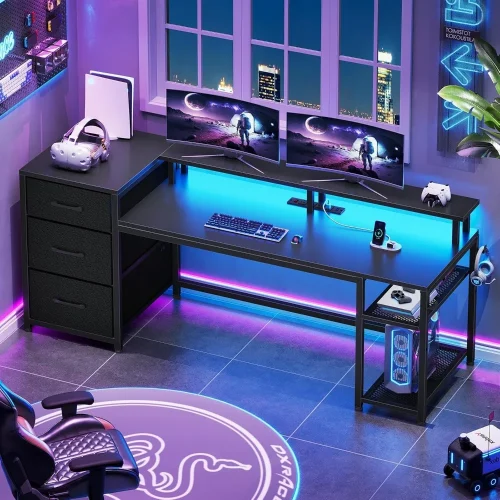 59" Office Desk with Drawers, Reversible Computer Desk with File Drawers & Storage, Gaming Desk with LED Lights & Power Outlet