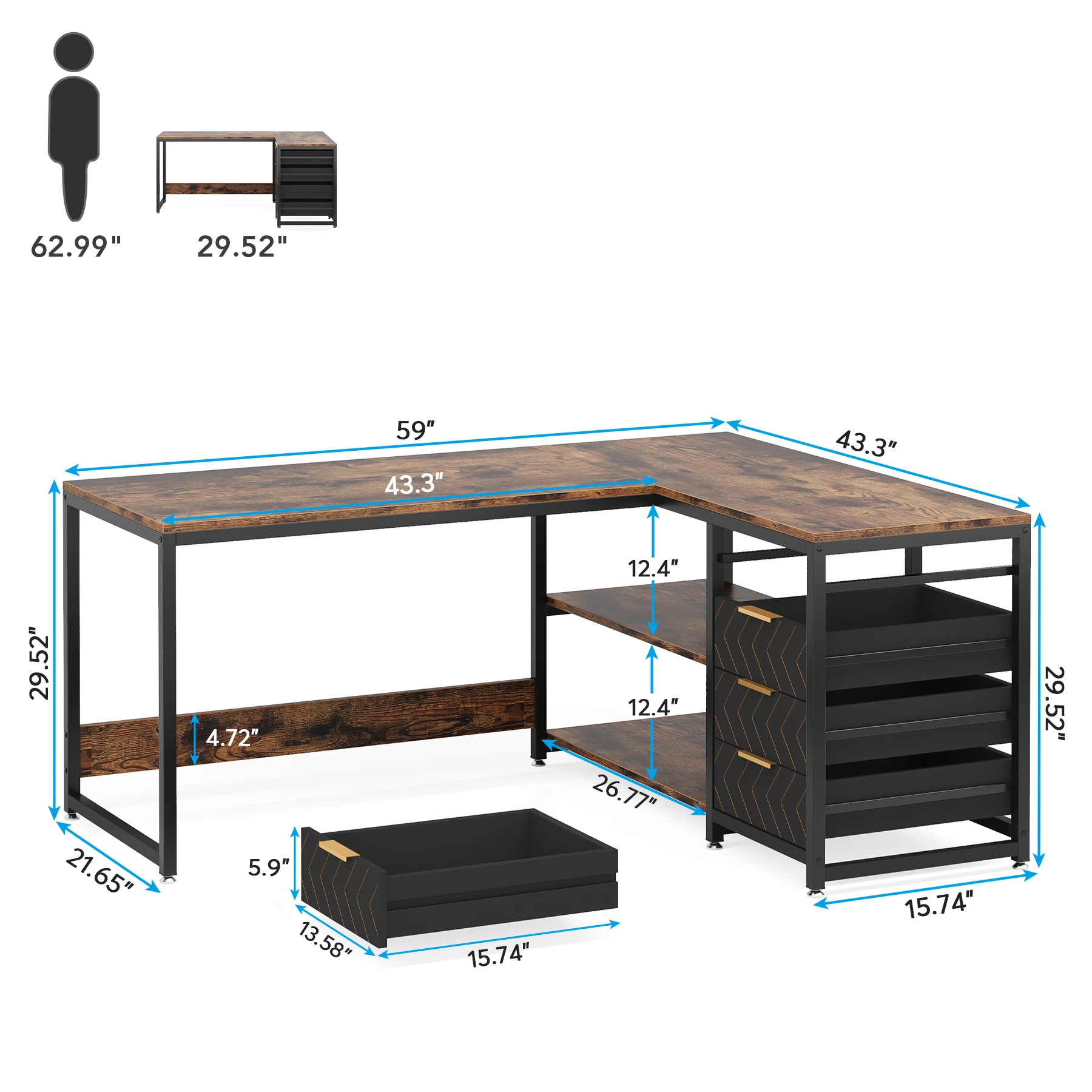 Tribesigns L Shaped Computer Desk with Storage Drawers, 59 inch Corner Desk with Shelves, Reversible L-Shaped Office Desk Study - Image 6