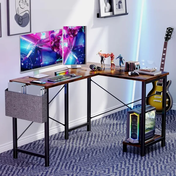 L Shaped Desk - Computer Corner Gaming Pc Table With Cpu Stand Side Bag For Home Office Dorm Sturdy Writing Workstation