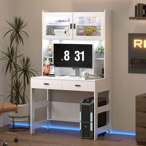 Home Office Desk with Hutch, Modern Computer Gaming Desk with LED Lights & Power Outlets, Gray Study Table with Storage Shelves