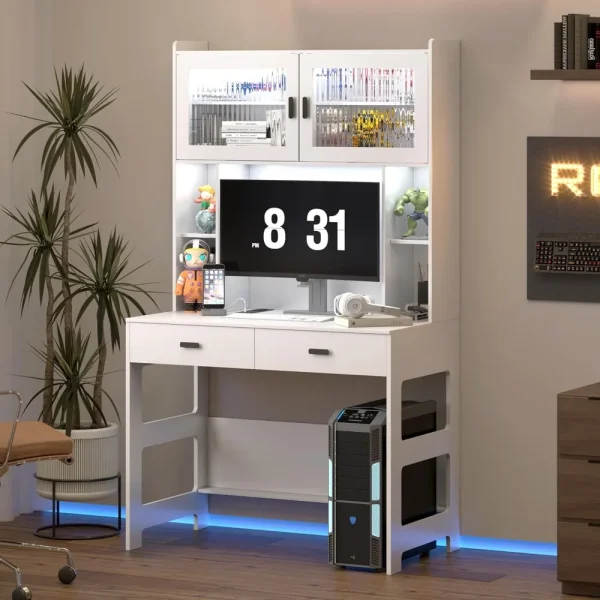 Home Office Desk with Hutch, Modern Computer Gaming Desk with LED Lights & Power Outlets, Gray Study Table with Storage Shelves