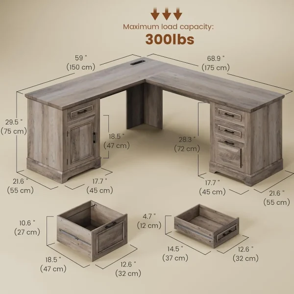 Farmhouse L Shaped DeskHome Office Desk with File Drawer and Power Outlet, Corner Desk, Workstation for Office Home, Grey