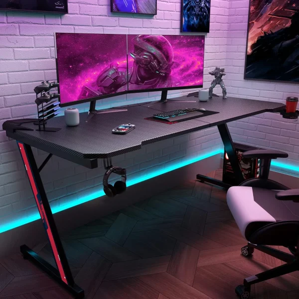 Gaming Desk Computer Desk with Carbon Fiber Surface, Gaming Table Z Shaped PC Home Office with Cup Holder&Headphone Hook(63 in)
