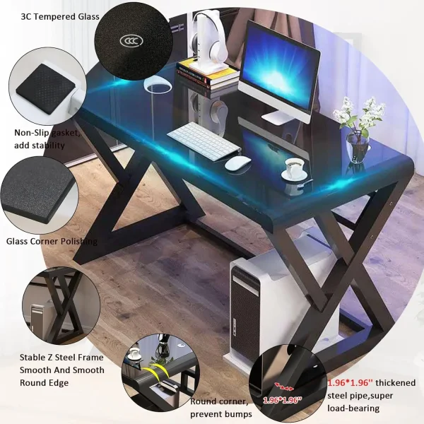Tempered Glass Computer Desk, Ultramodern Home Office Desk Study Writing Desk With X-Shaped Leg, Tempered Glass Desktop And