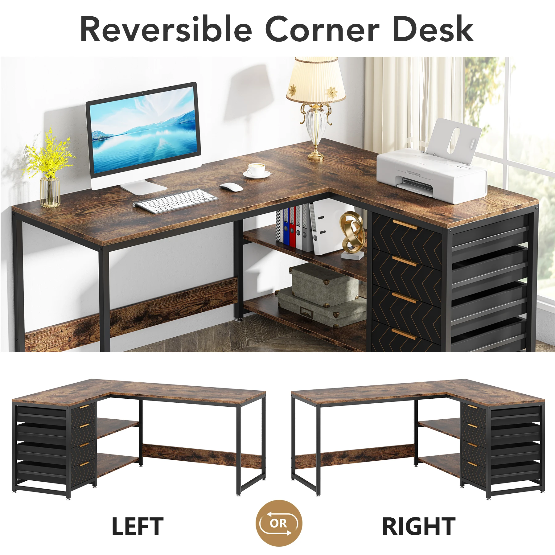 Tribesigns L Shaped Computer Desk with Storage Drawers, 59 inch Corner Desk with Shelves, Reversible L-Shaped Office Desk Study - Image 4