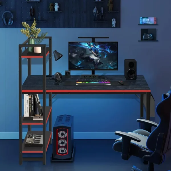 47.2 Inch Gaming Desk Computer Desk, Writing Desk with Adjustable Shelves & Side Storage Bag, Compact Home Office Desks