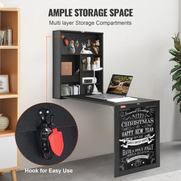 Space Saving Computer Desk with Storage Area Multi-Function Folding Wall Table Wall Mounted Desk with Chalkboard for Home Office