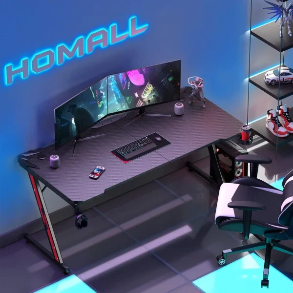 Gaming Desk Computer Desk with Carbon Fiber Surface, Gaming Table Z Shaped PC Home Office with Cup Holder&Headphone Hook(63 in)