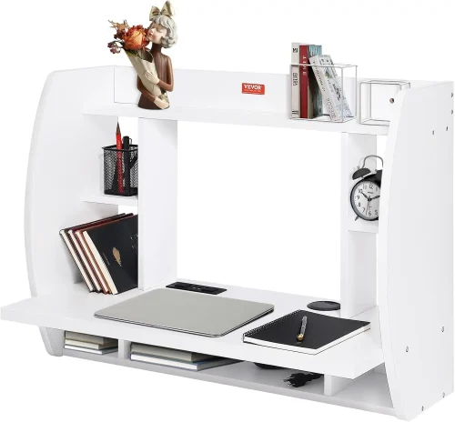 Floating Wall Mount Computer Desk Soet And 70.9 In (1.8 M) Power Cord For Home Office, Space Saving With Storage Shelves And