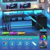 66" Computer Desk with LED Lights & Power Outlets, Home Office Desk with 3 Drawers & Storage Shelf, Gaming Desk