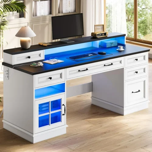 Farmhouse Executive Desk with Drawers Computer Desks with File Drawers, Power Outlet and Led Lights, Executive Office Desk with