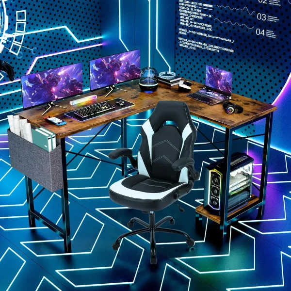 L Shaped Desk - Computer Corner Gaming Pc Table With Cpu Stand Side Bag For Home Office Dorm Sturdy Writing Workstation