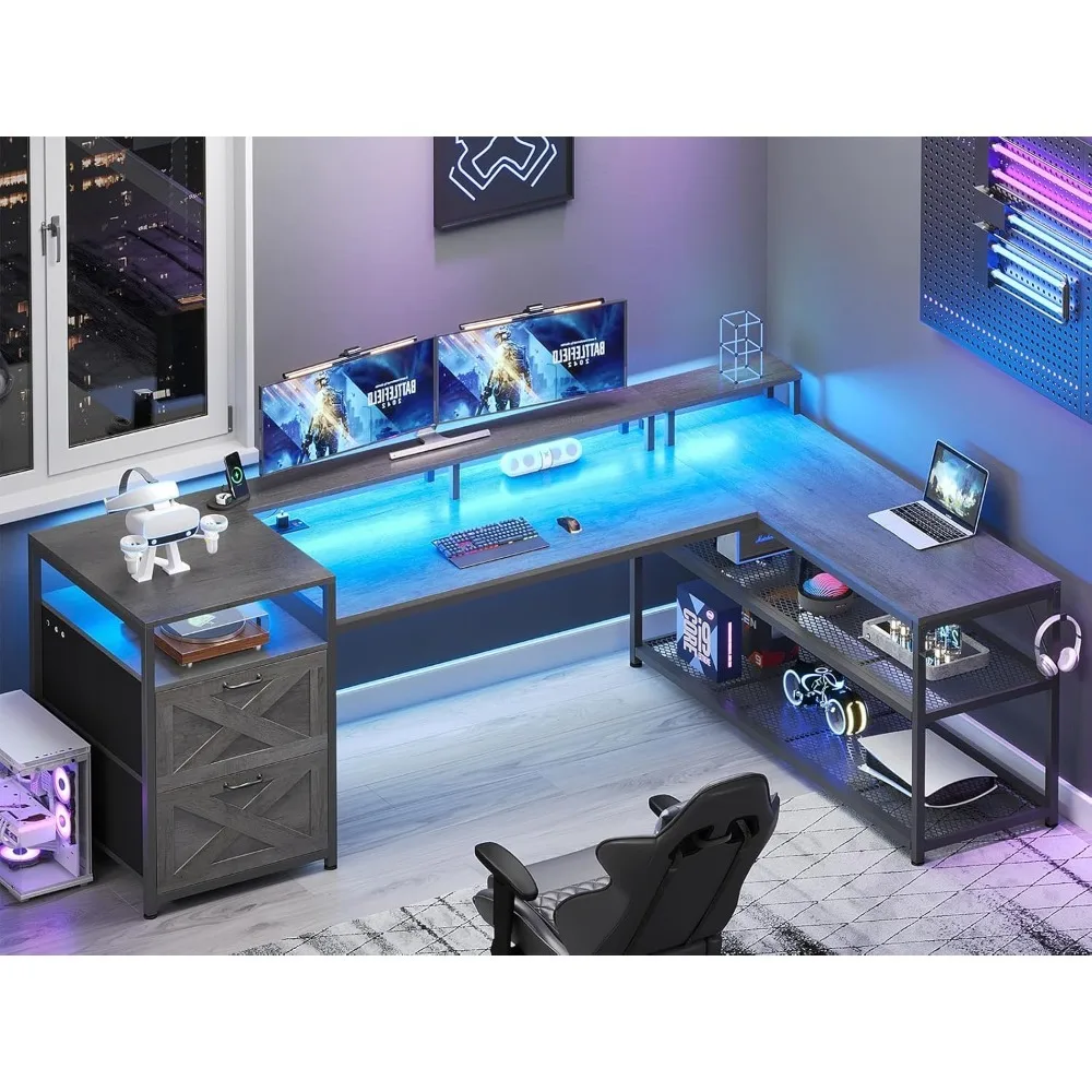 67" L Shaped Desk with Drawers,Computer Office Desk with Storage Shelves & Power Outlet, Reversible Gaming Desk with LED Lights