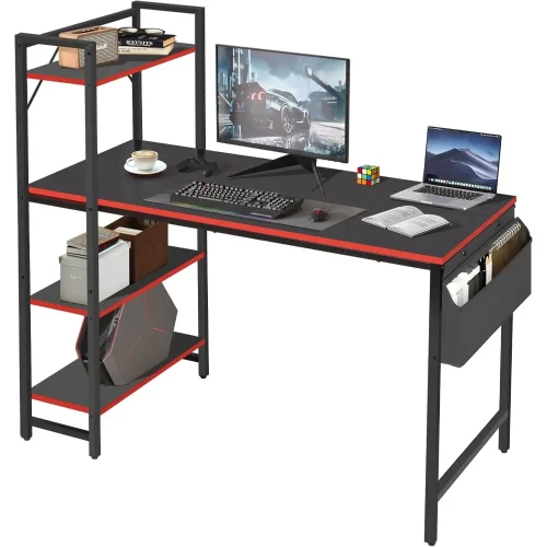47.2 Inch Gaming Desk Computer Desk, Writing Desk with Adjustable Shelves & Side Storage Bag, Compact Home Office Desks