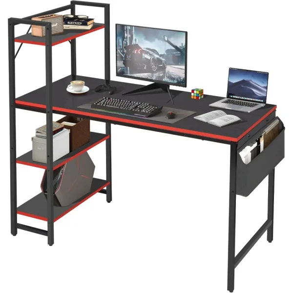 47.2 Inch Gaming Desk Computer Desk, Writing Desk with Adjustable Shelves & Side Storage Bag, Compact Home Office Desks